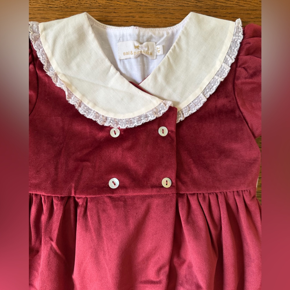 Sal & Pimenta Holiday Burgundy Velvet Dress with Ivory Accents 4T - Picture 2 of 3